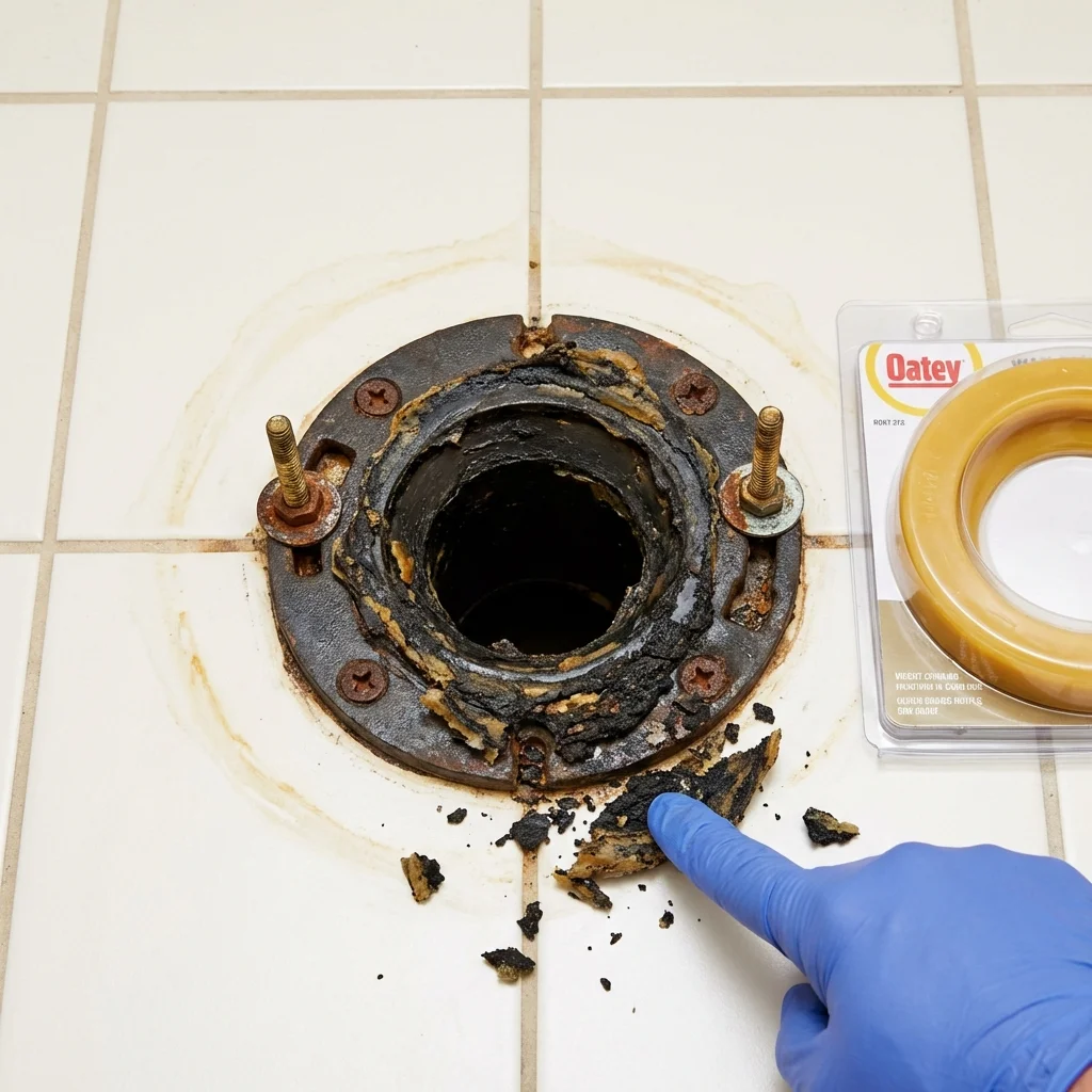 Failed wax ring showing water seepage at the base of a toilet in a Prospect, PA home