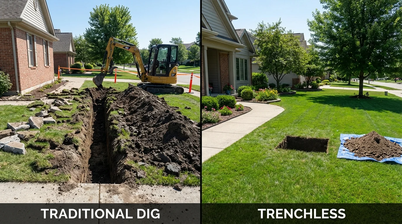 Trenchless sewer repair with minimal yard damage versus traditional excavation in Prospect, PA