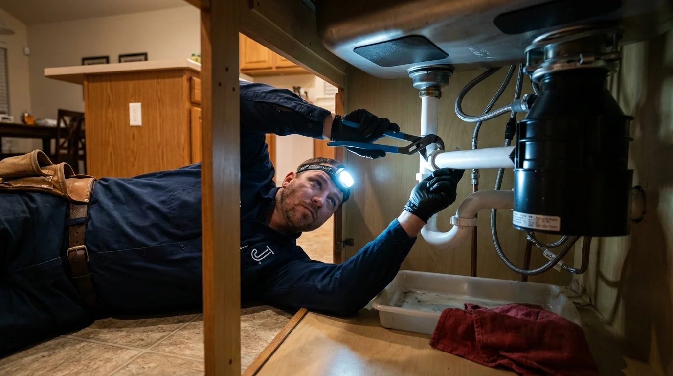 P-trap and supply line connections under a kitchen sink showing a common leak point in Prospect, PA